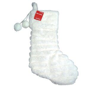 Merry Brite 21 Inch Plush White Christmas Stocking With Pom Pom Accents